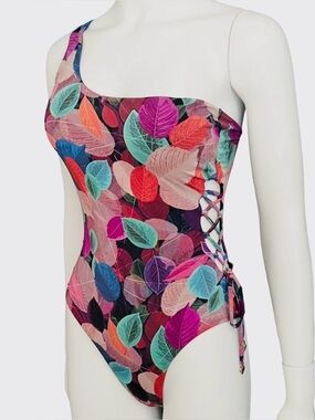 EM Brazilian Leaf Print One Shoulder Cutout One Piece Swimsuit Multicolor Size S
